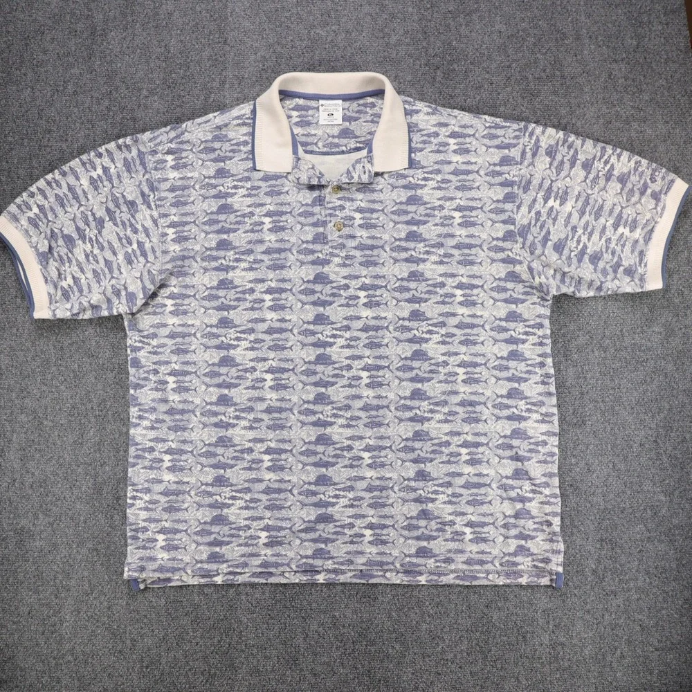 Columbia Mens XL Blue All Over Fish Print Polo Shirt‎ Cotton Short Sleeve